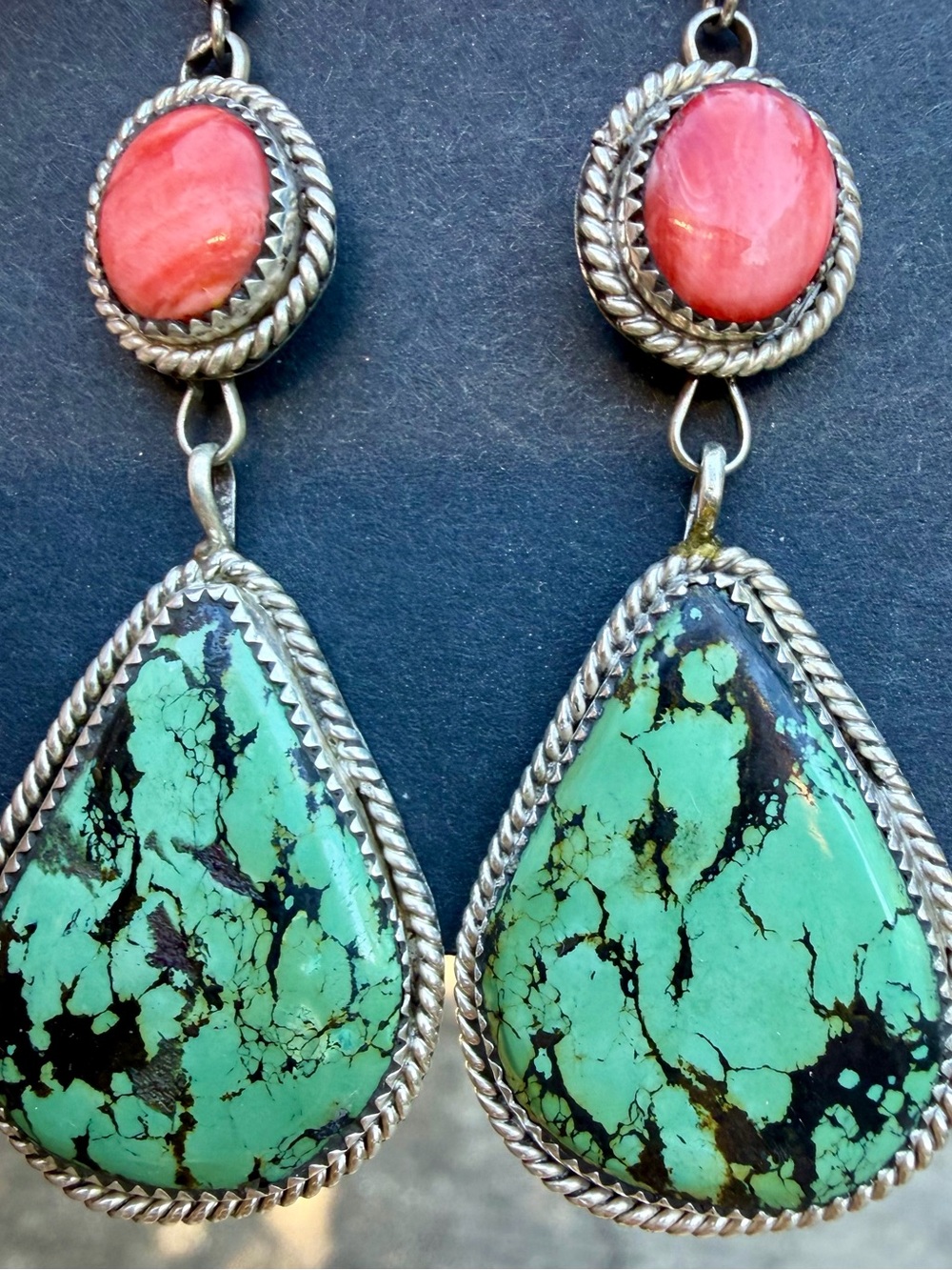 Genuine Turq/Red Coal S/S Teardrop Dangle Earrings, Artist Stamped - Y (Yazzie)